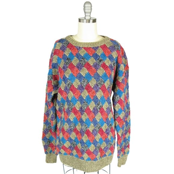 Northern Isles Sweaters - Vtg Northern Isles Size M Chunky Hand Knit Cotton Blend Diamond Tunic Sweater